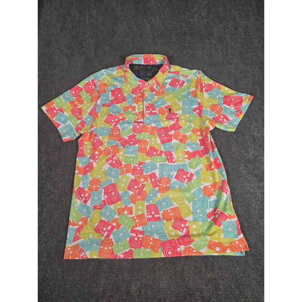 William Murray Mens Vintage Camera Print Golf Polo Shirt Sz L Multicolor Stretch